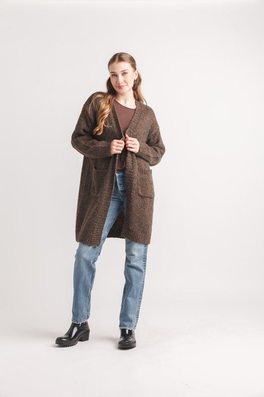 Women’s Brown Marl Open-Front Cardigan with Pockets