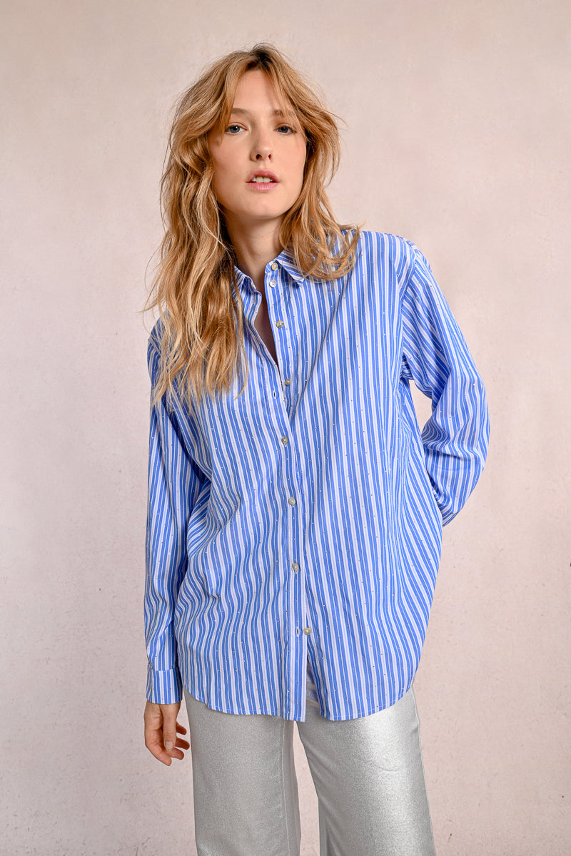 Crystal Accent Stripe Button Up Shirt