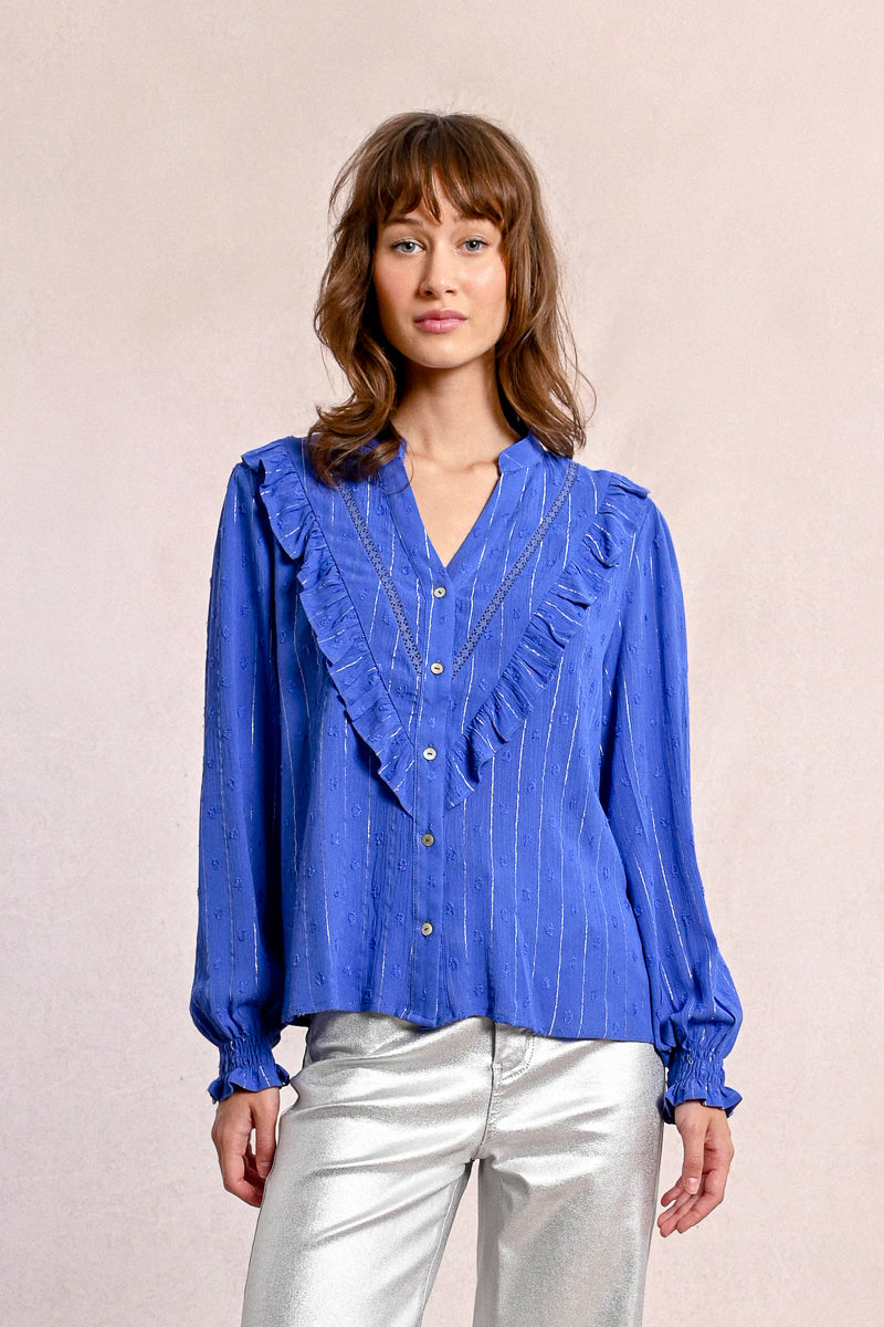 Tunisian Collar Ruffle Accent Button Up Shirt Alt View 2 Pizzazz Beloit