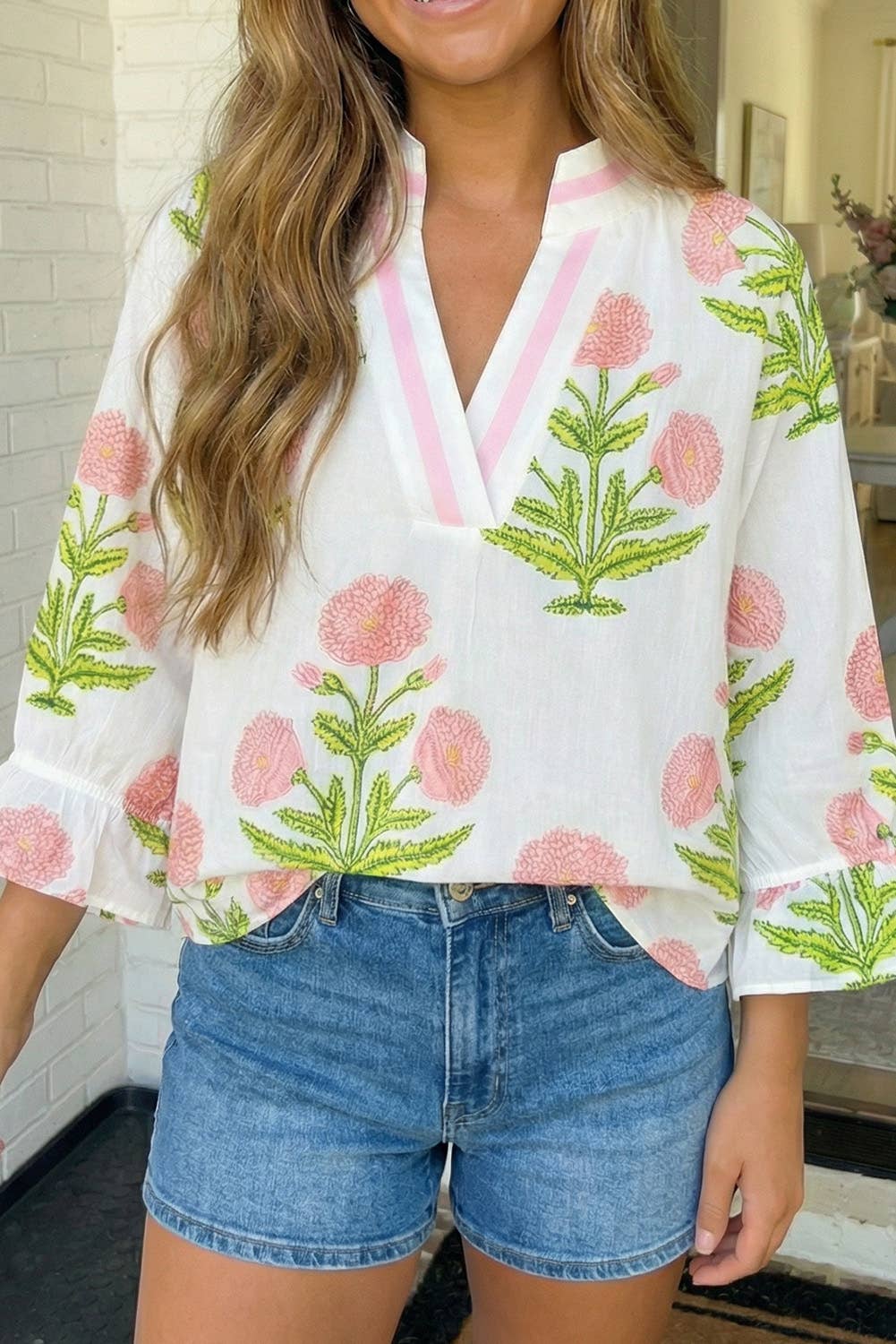 Wildflower Print V-Neck 3/4 Sleeve Blouse – Boho Floral Women’s Top with Relaxed Fit