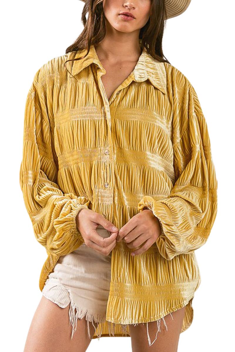 Golden Luxe Wrinkle Effect Velvet Button-Up Shirt with Tiered Shirring