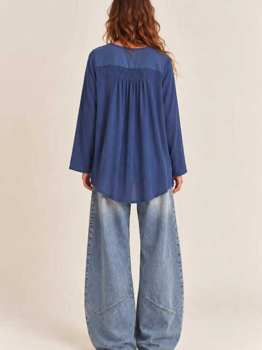 Slate Blue Textured V-Neck Oversized Button Down Tunic Top