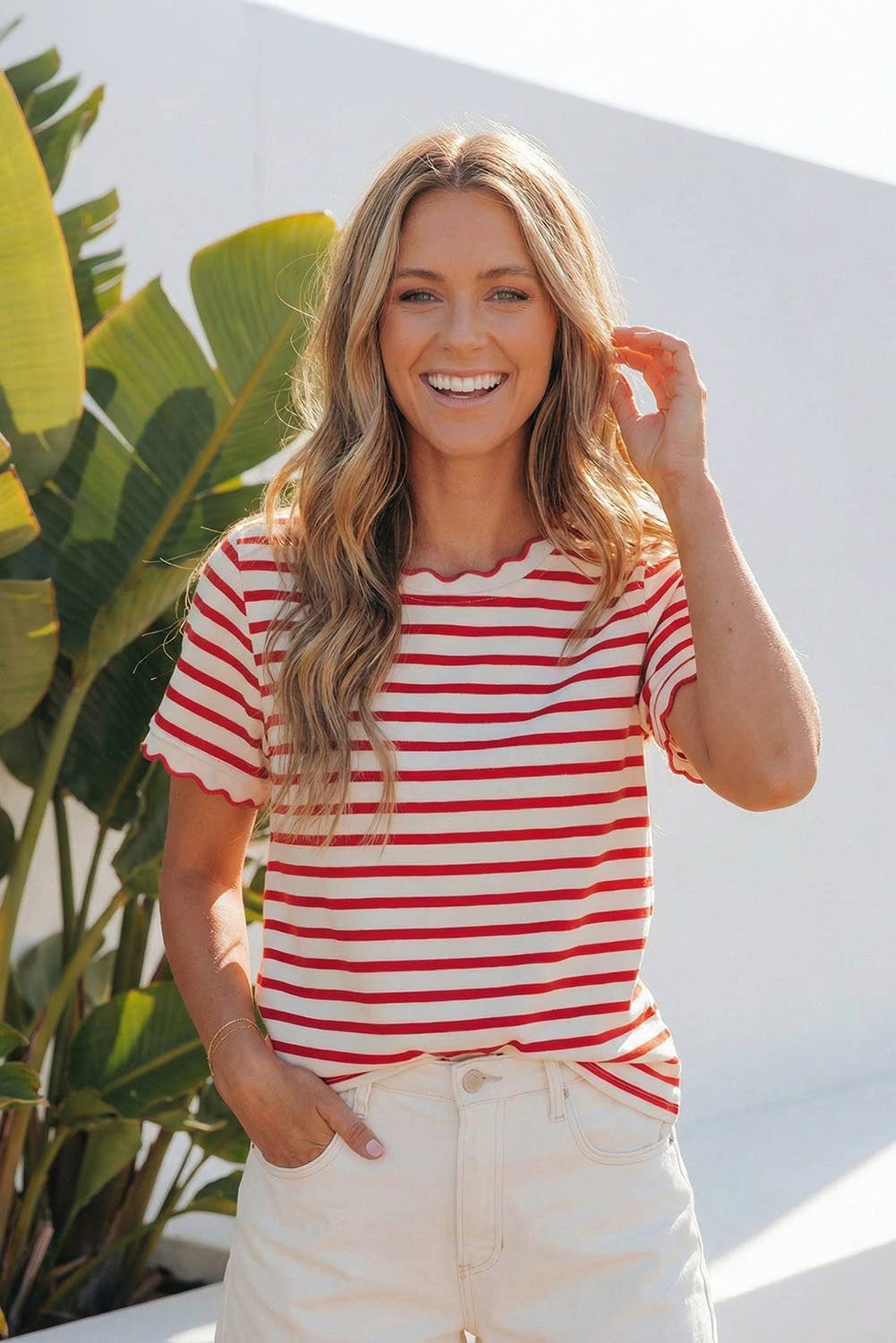 Red & White Stripe Scalloped Trim Round Neck T-Shirt