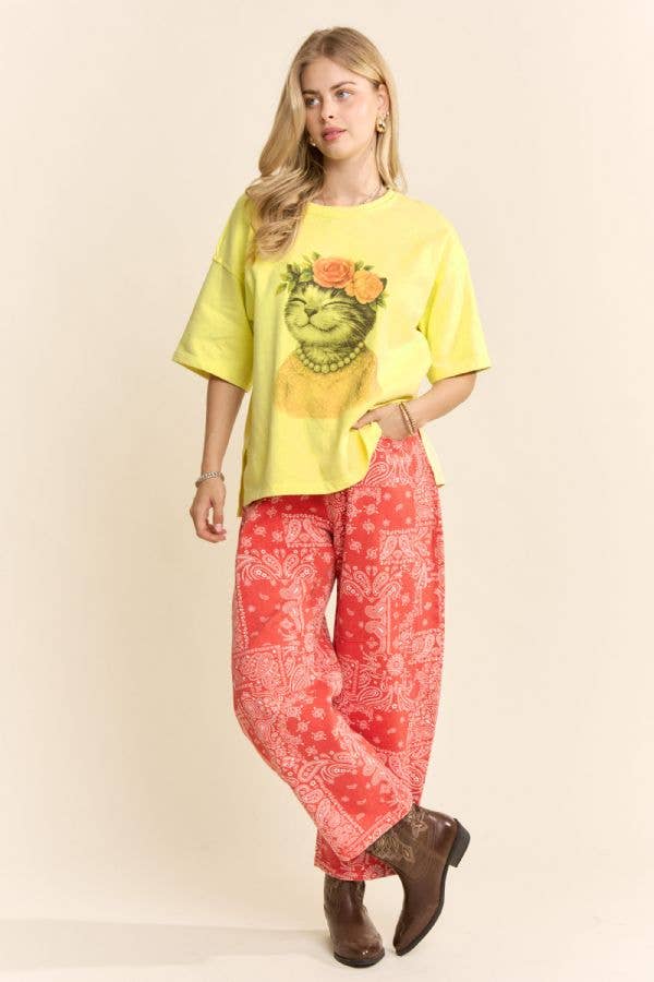 Blossom-Crowned Kitty Print Top