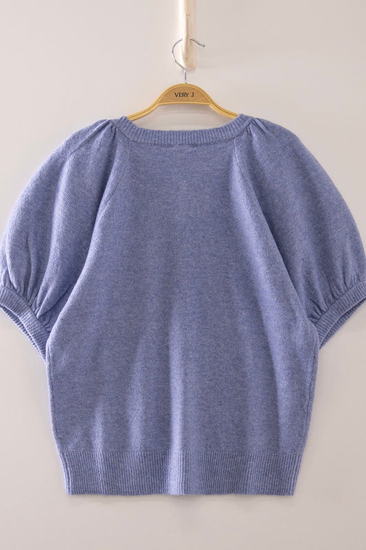 Puff Sleeve Button-Front Knit Cardigan