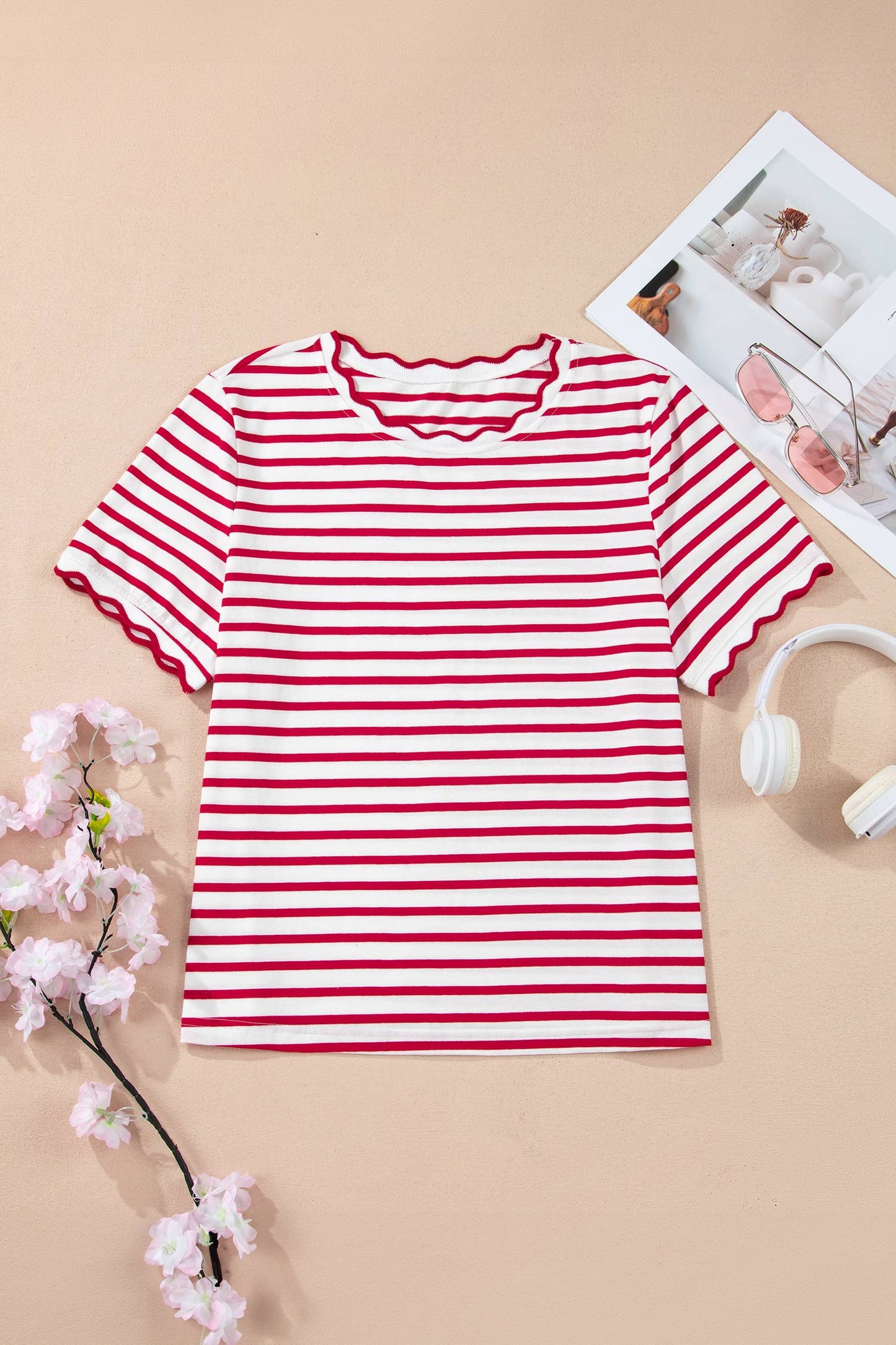 Red & White Stripe Scalloped Trim Round Neck T-Shirt