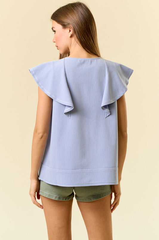 Twill Ruffle-Neck Swing Blouse