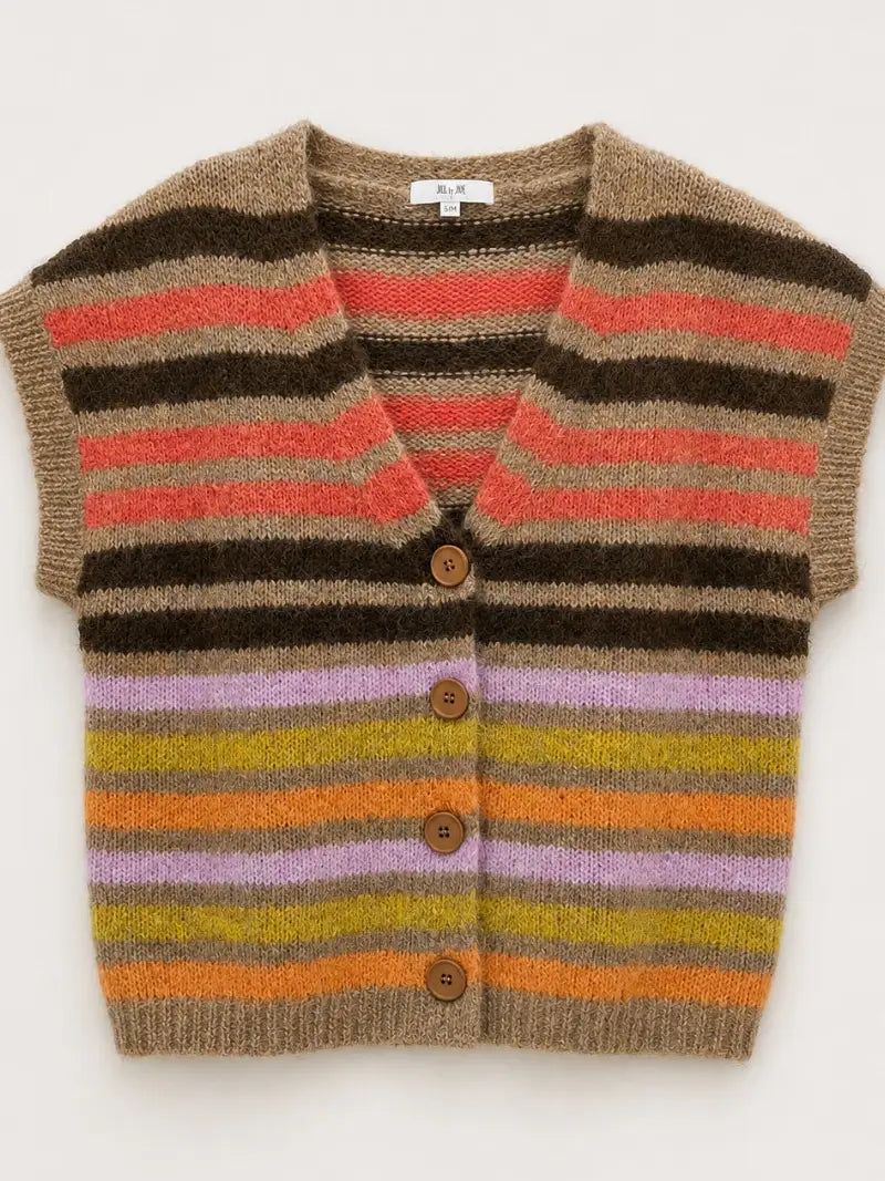 Colormix Striped V-Neck Knit Vest – Button Front