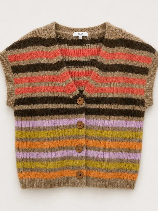Colormix Striped V-Neck Knit Vest – Button Front