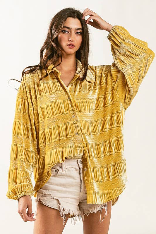 Golden Luxe Wrinkle Effect Velvet Button-Up Shirt with Tiered Shirring