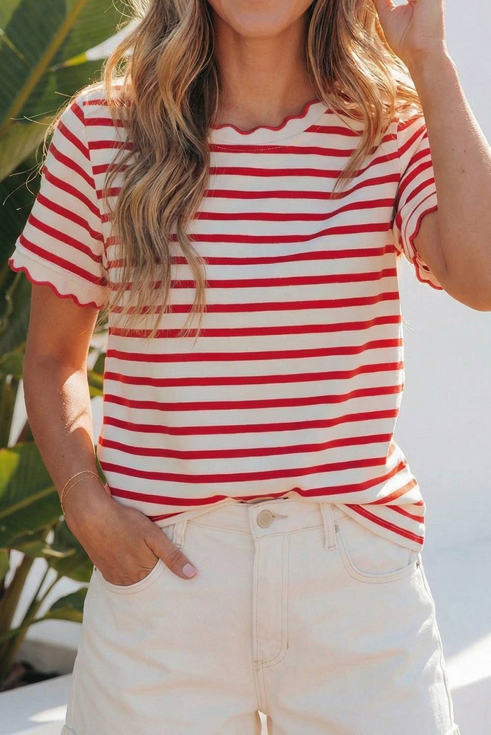 Red & White Stripe Scalloped Trim Round Neck T-Shirt