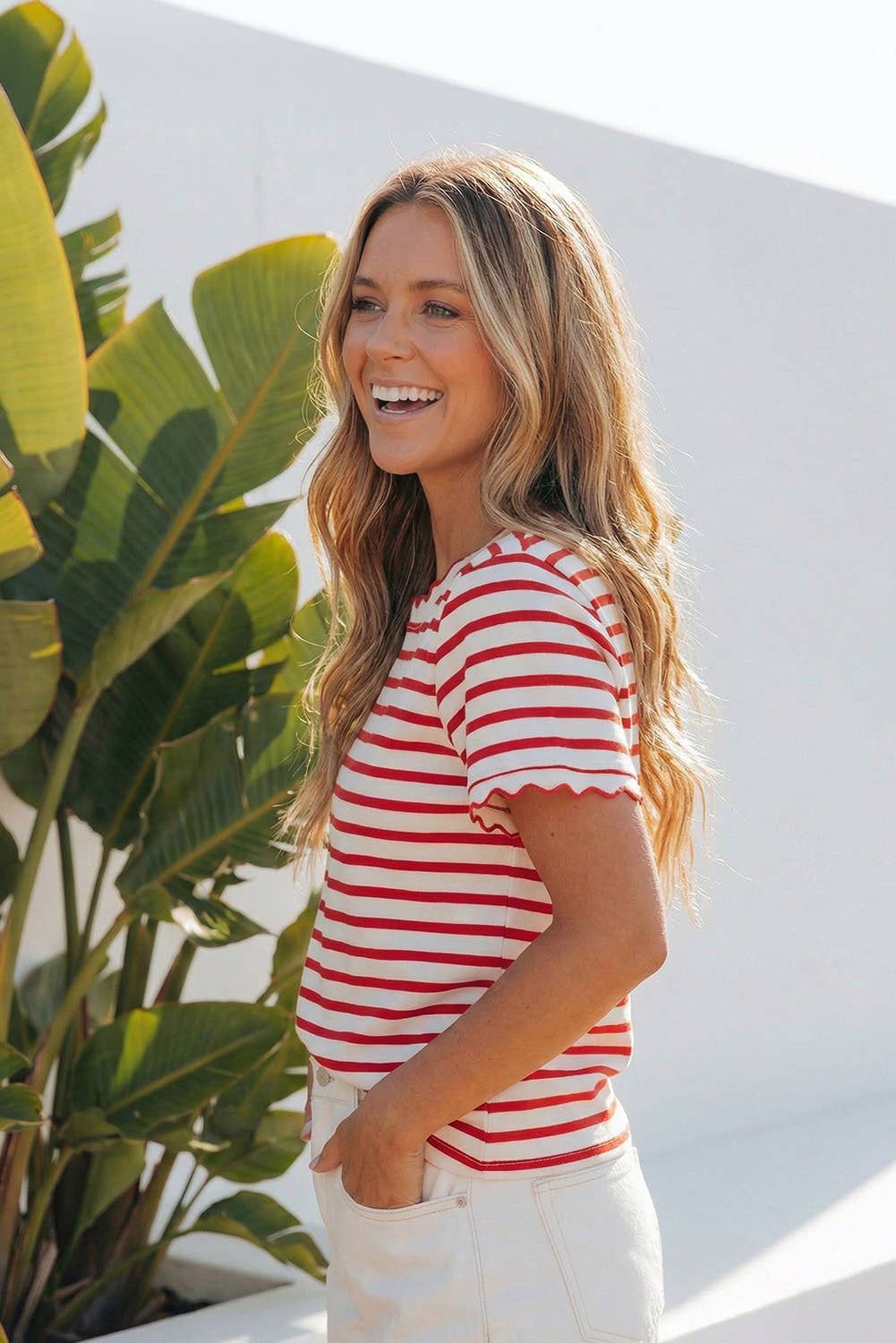 Red & White Stripe Scalloped Trim Round Neck T-Shirt