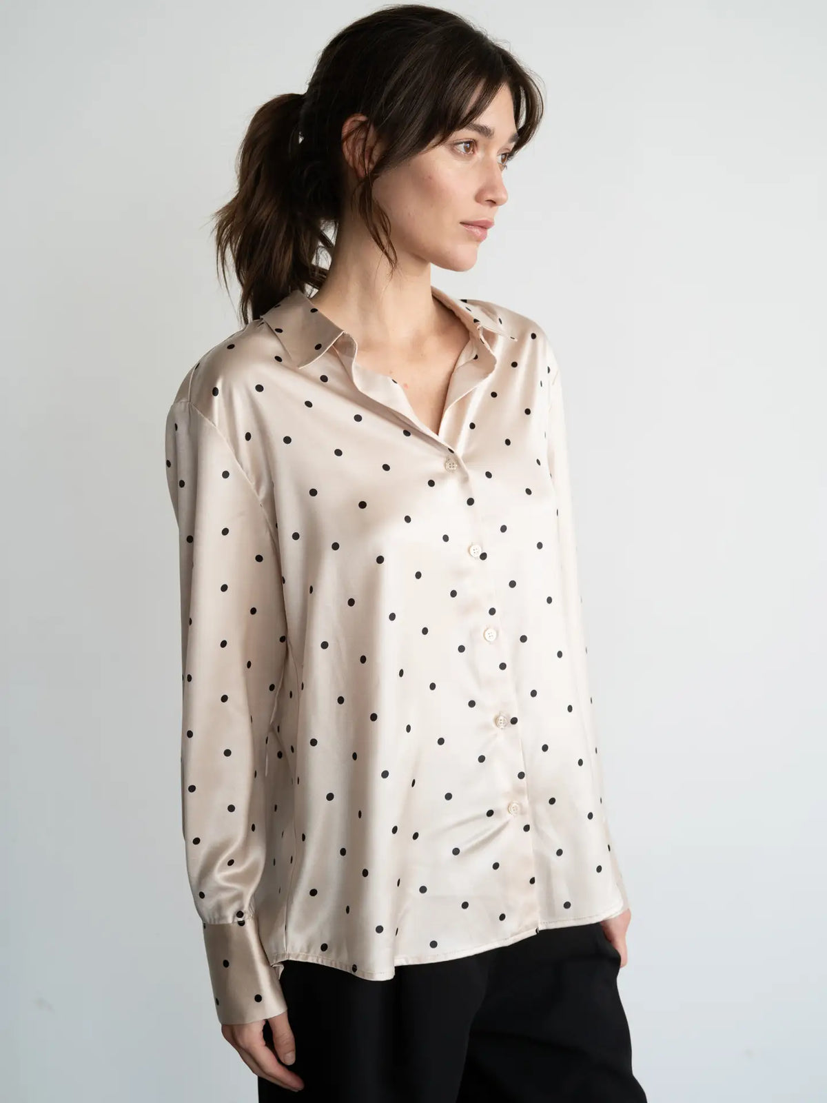 Women's Satin Polka Dot Blouse | Beige & Black Button-Down Long Sleeve Shirt