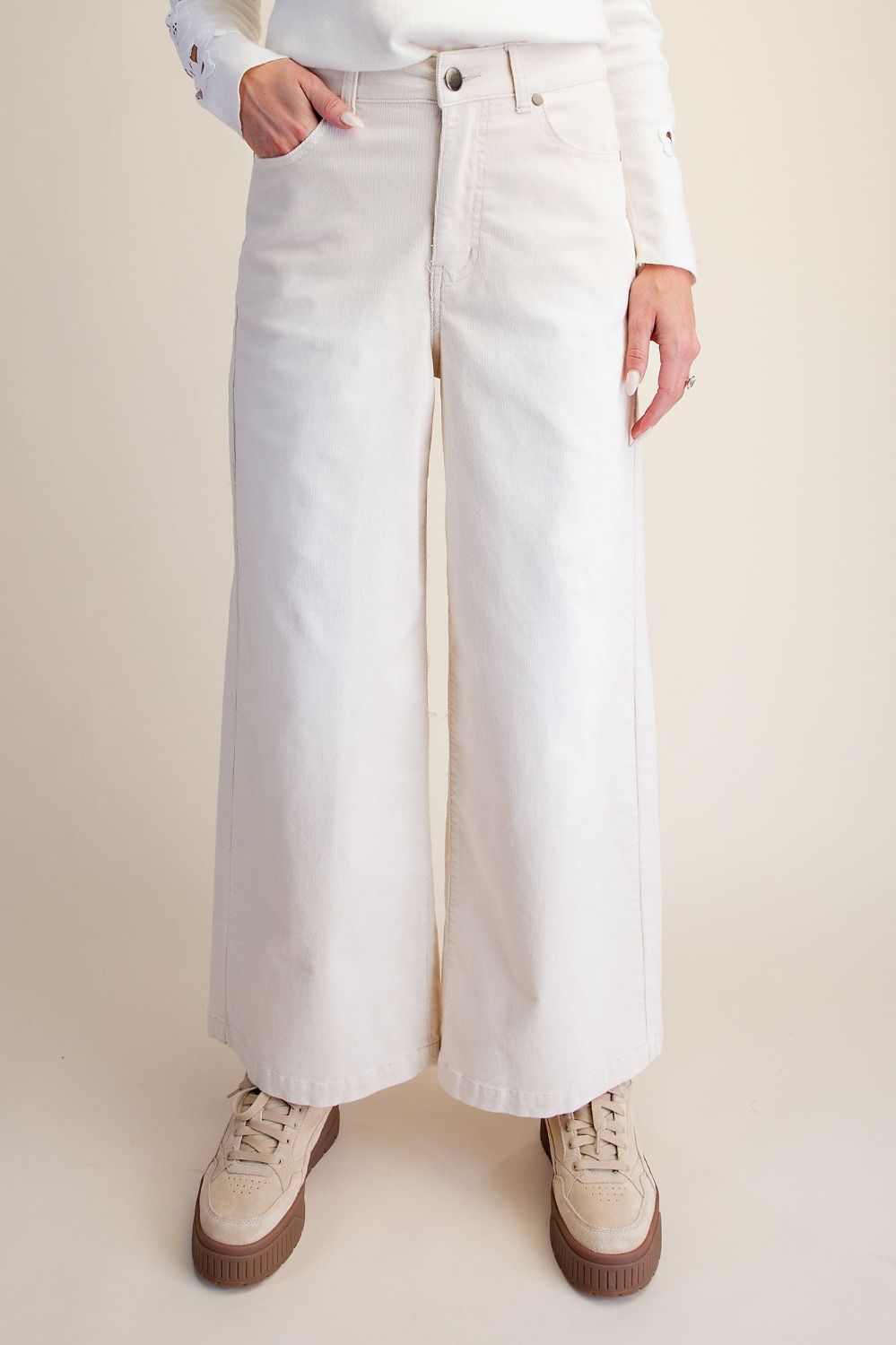 Ecru Stretch Corduroy Pants | High-Rise Wide-Leg Crop