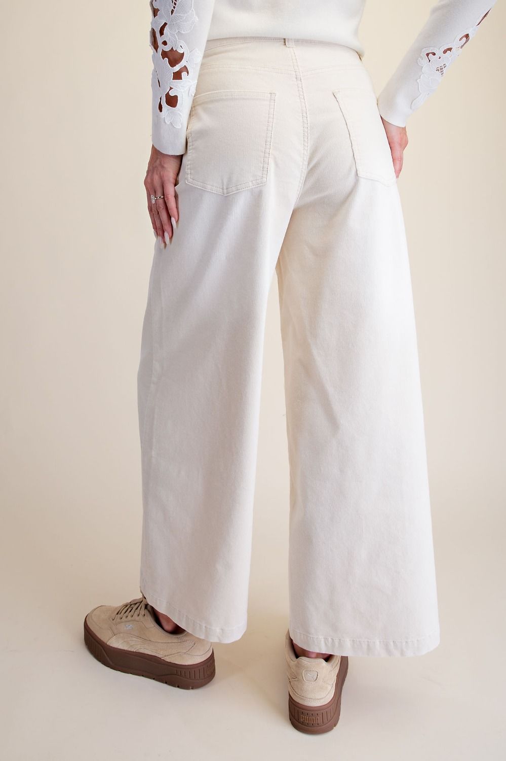 Ecru Stretch Corduroy Pants | High-Rise Wide-Leg Crop