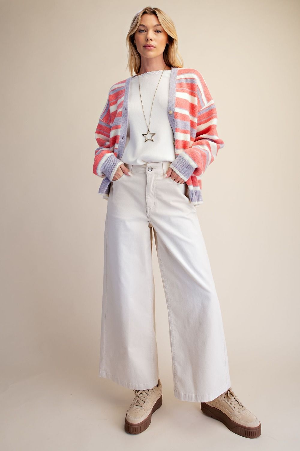 Ecru Stretch Corduroy Pants | High-Rise Wide-Leg Crop