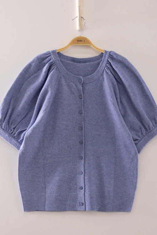 Puff Sleeve Button-Front Knit Cardigan