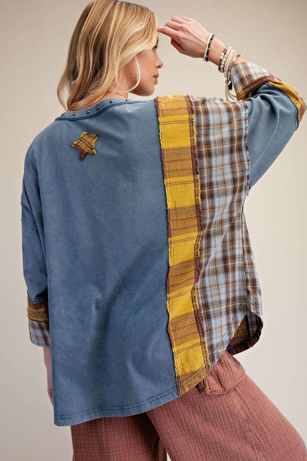 Women’s Mineral Washed Cotton Patchwork Top with Star Detail