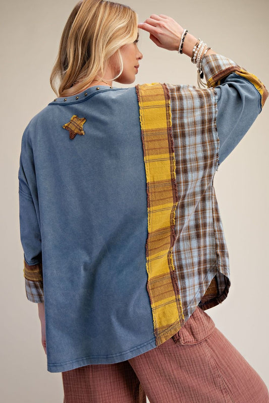Women’s Mineral Washed Cotton Patchwork Top with Star Detail