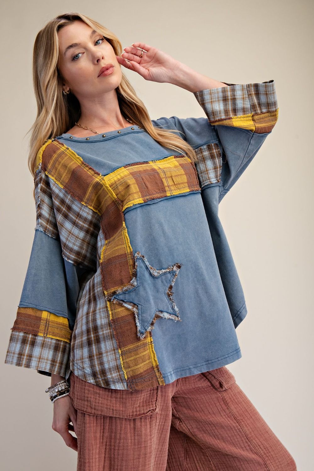 Women’s Mineral Washed Cotton Patchwork Top with Star Detail
