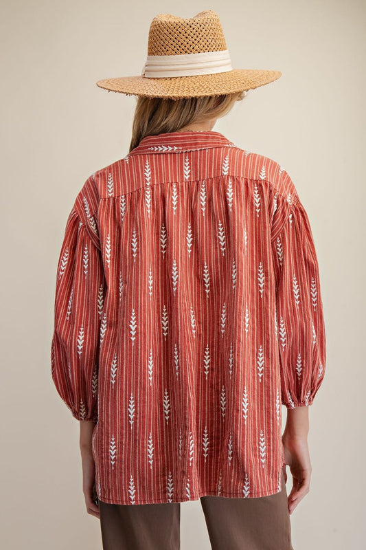Women’s Washed Cotton Striped Shirt with Leaf Embroidery