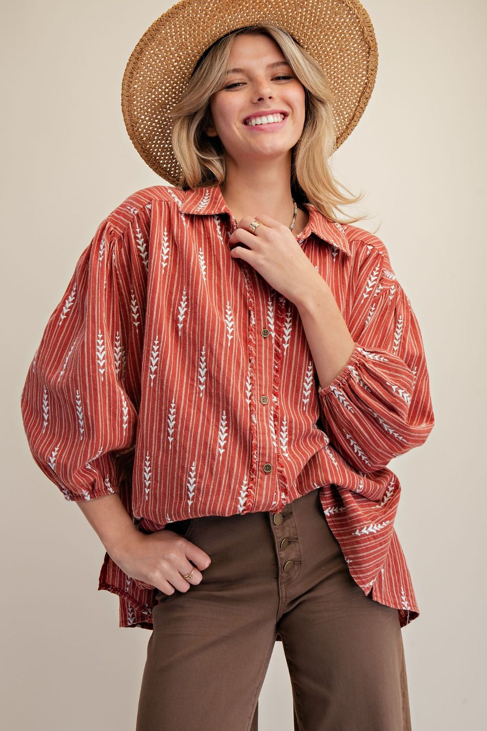 Women’s Washed Cotton Striped Shirt with Leaf Embroidery