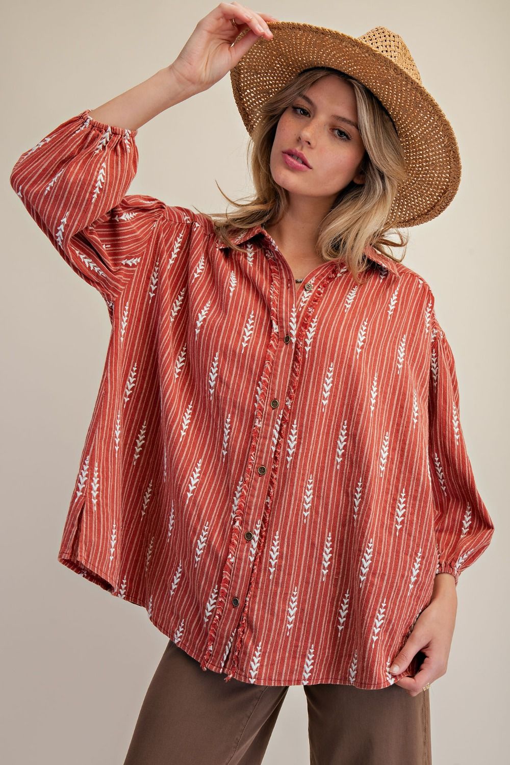 Women’s Washed Cotton Striped Shirt with Leaf Embroidery