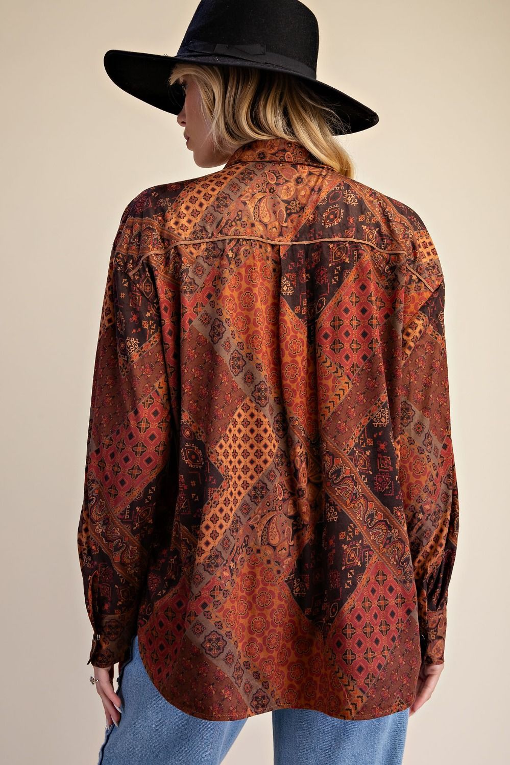 Women’s Patchwork Printed Suede Button-Down Shirt