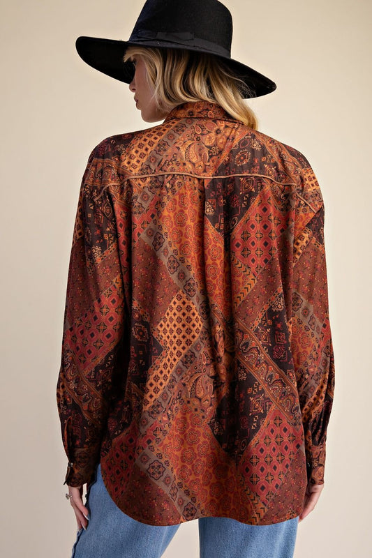 Women’s Patchwork Printed Suede Button-Down Shirt