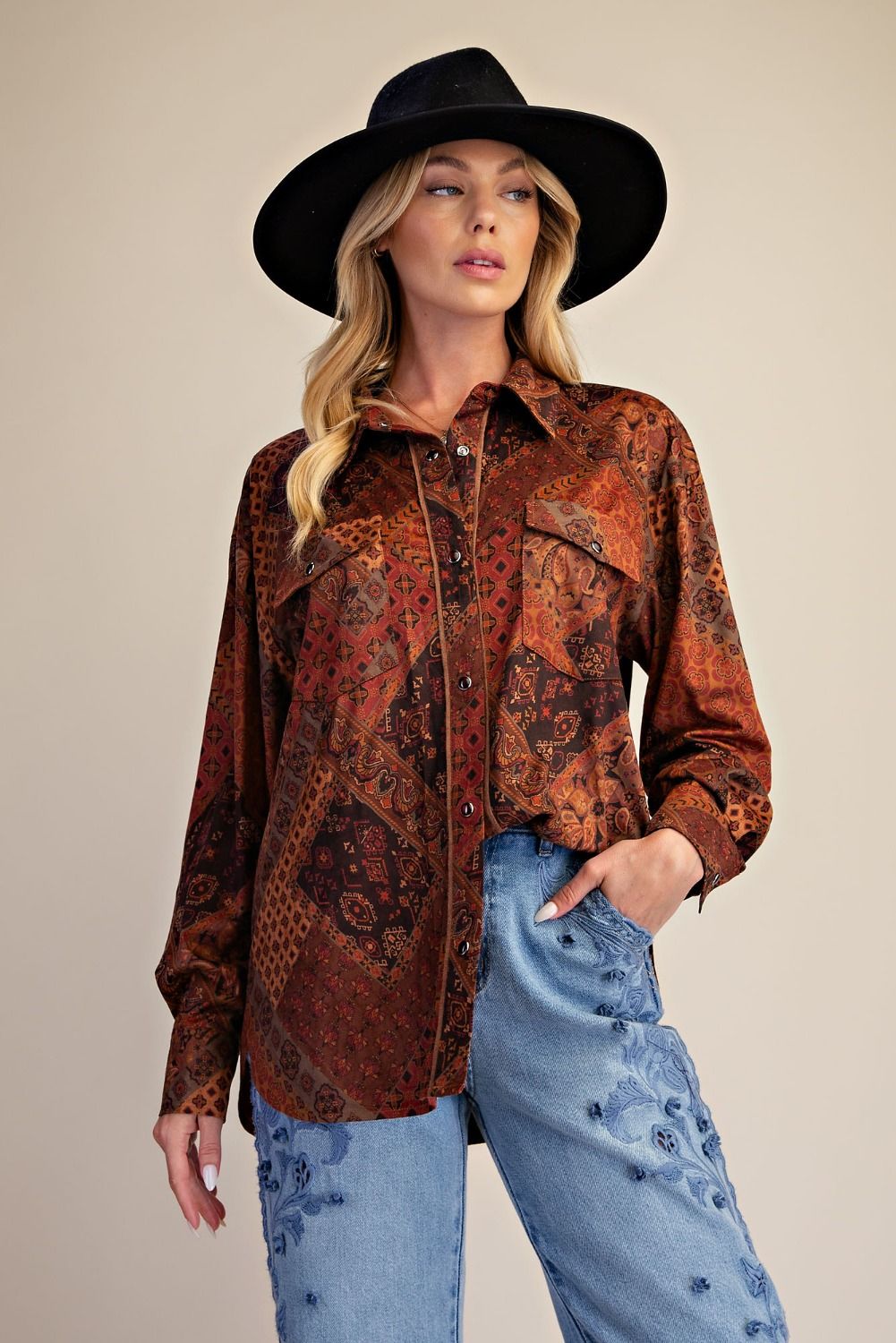 Women’s Patchwork Printed Suede Button-Down Shirt