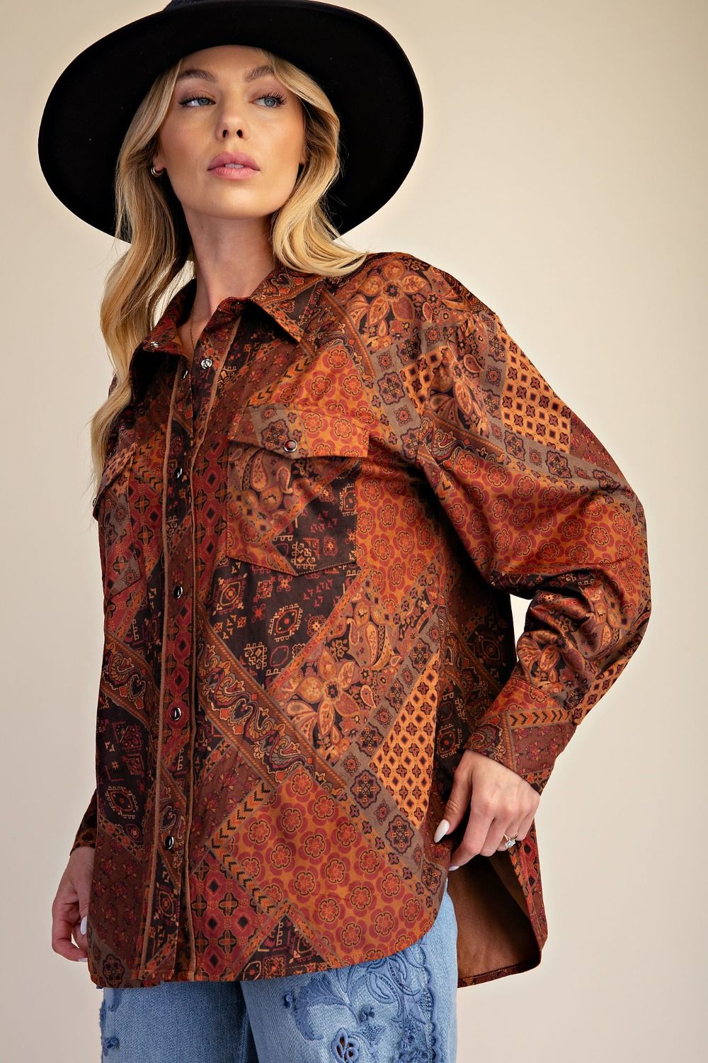Women’s Patchwork Printed Suede Button-Down Shirt