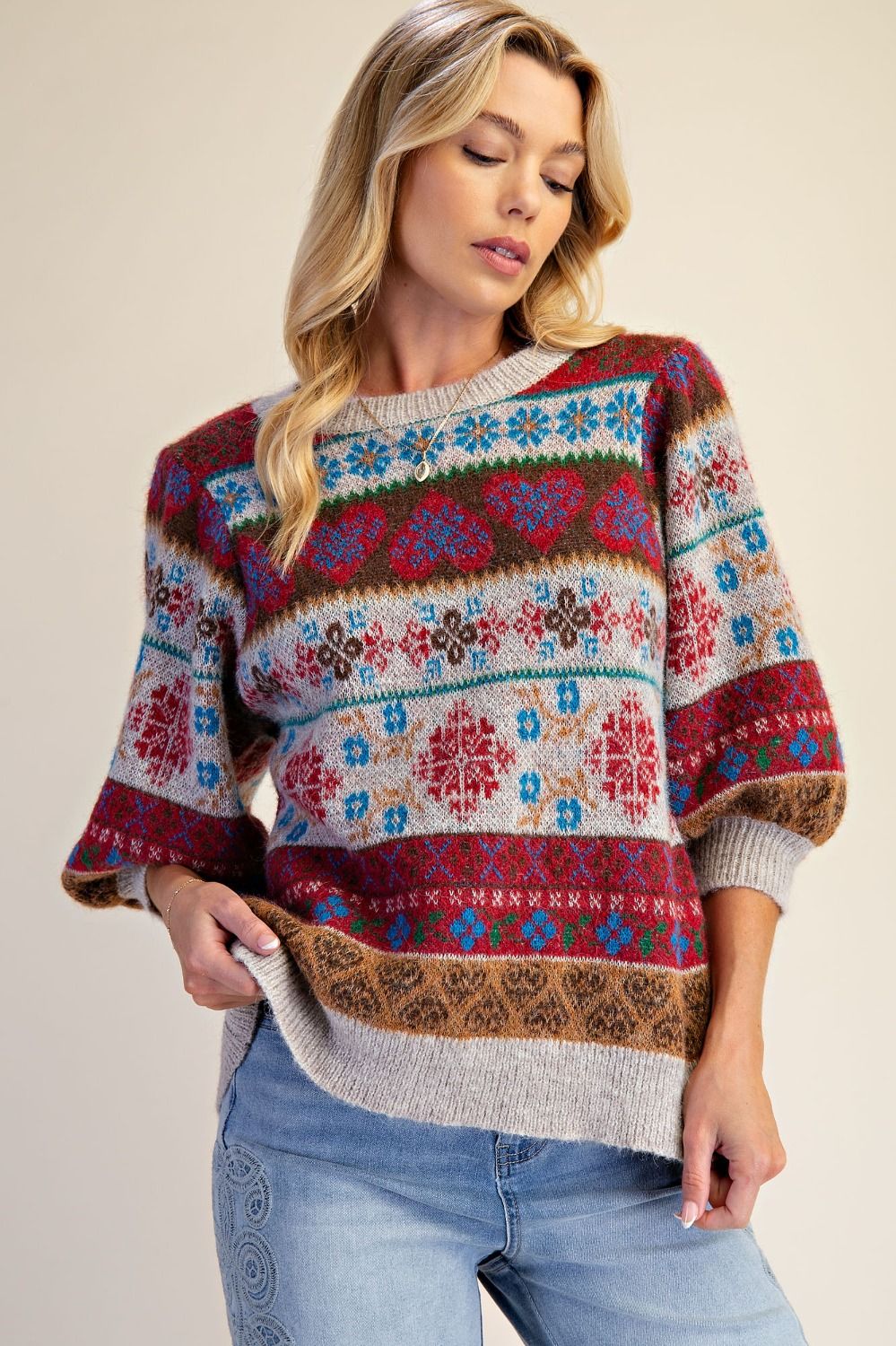 Women's Multicolor Fair Isle Heart & Floral Knit Sweater