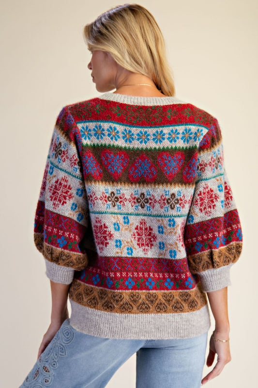 Women's Multicolor Fair Isle Heart & Floral Knit Sweater