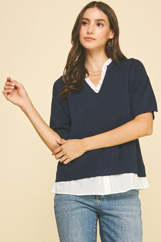 Navy & Nice Mixed Media Knit Top
