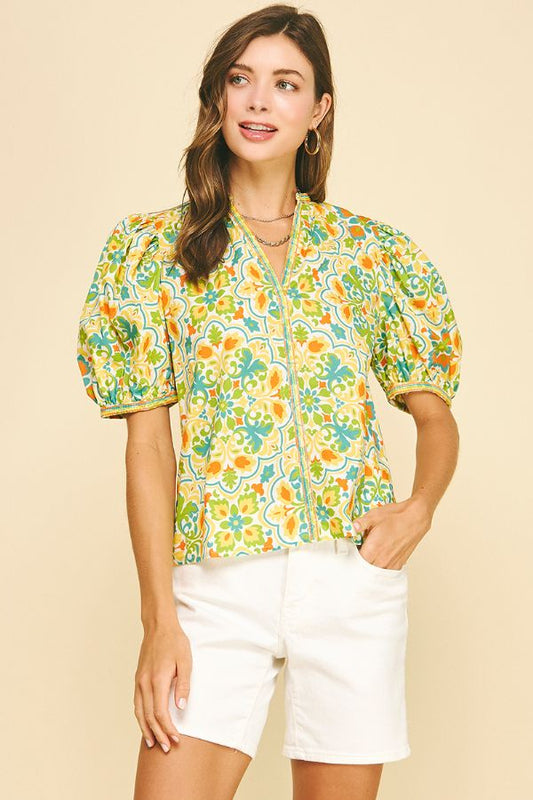 Elegant Damask Balloon Sleeve Blouse