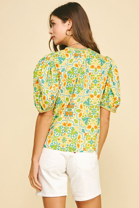 Elegant Damask Balloon Sleeve Blouse