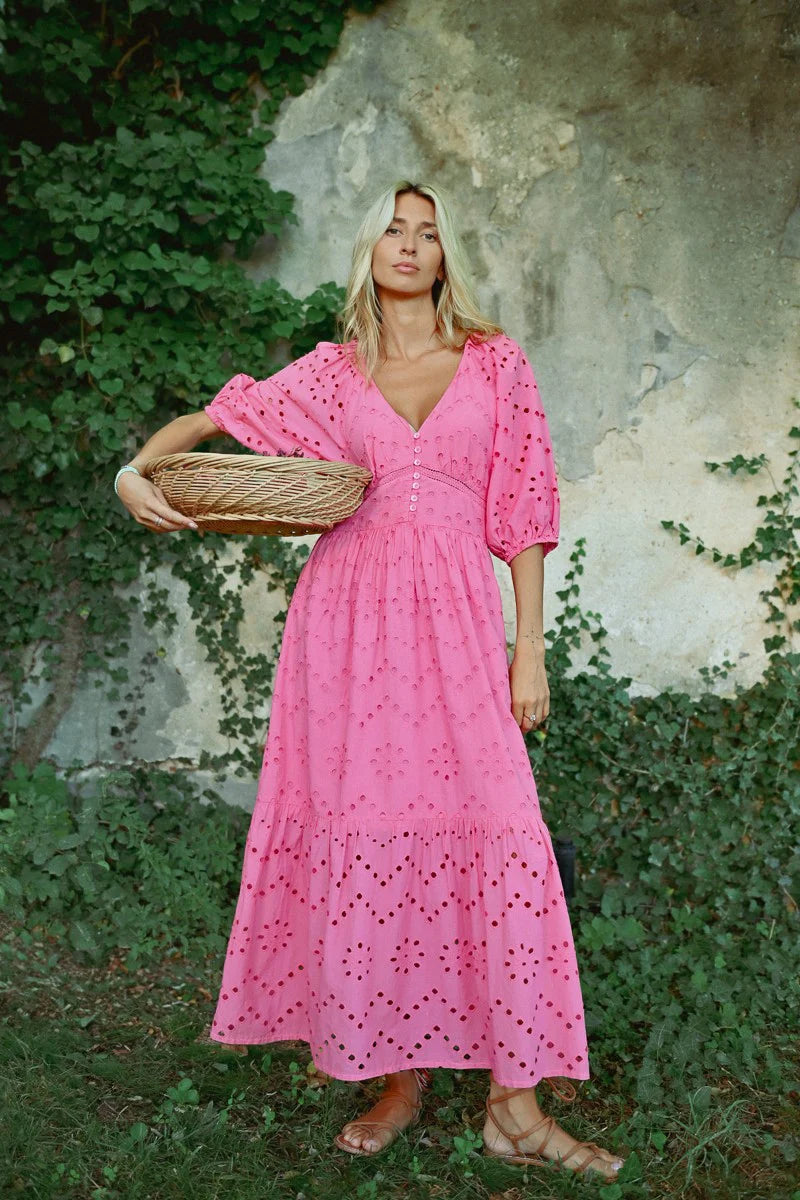 Openwork Embroidery Flared Maxi Dress