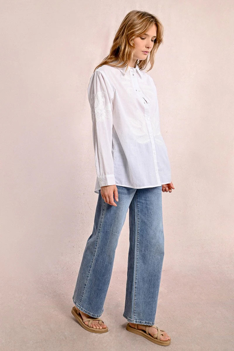Tone-On-Tone Embroidered Button Up Blouse