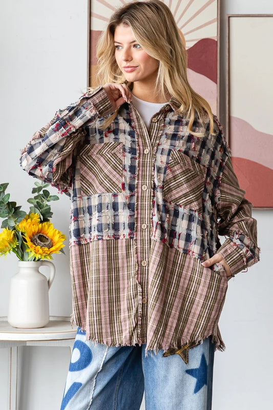 Washed Plaid Distressed Button Down Shirt with Mineral Wash Patchwork Detail & Oversized Fit