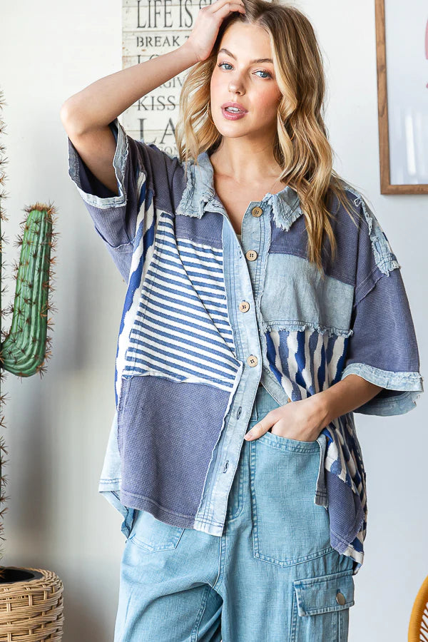 Mixed Feelings Mineral Washed Mixed Fabric Top