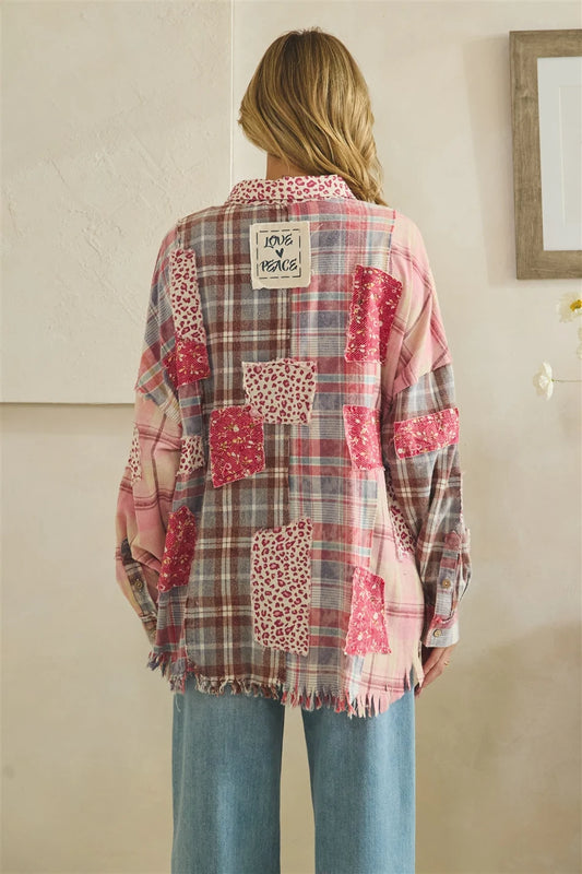Distressed Patchwork Plaid & Leopard Print Top | Women's Mixed Print Boutique Shirt