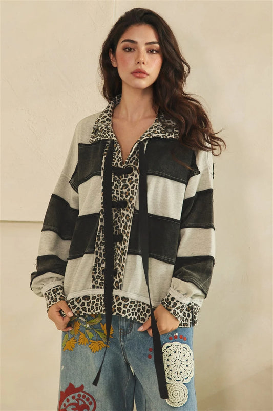 Oversized Black & Grey Striped Animal Print Lace-Up Top | Mixed Print Boutique Pullover