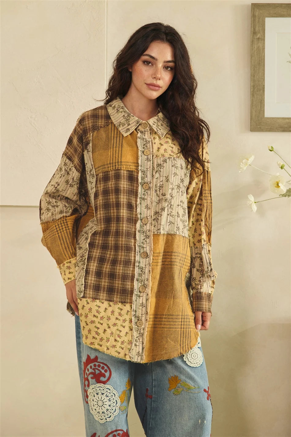 Patchwork Floral & Plaid Shacket | Oversized Raw Edge Button-Up Jacket for Women