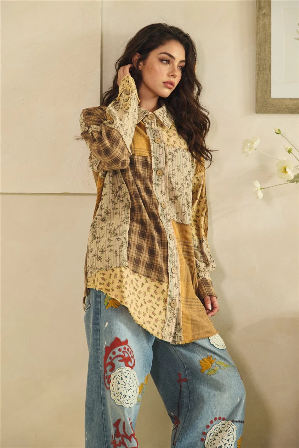Patchwork Floral & Plaid Shacket | Oversized Raw Edge Button-Up Jacket for Women