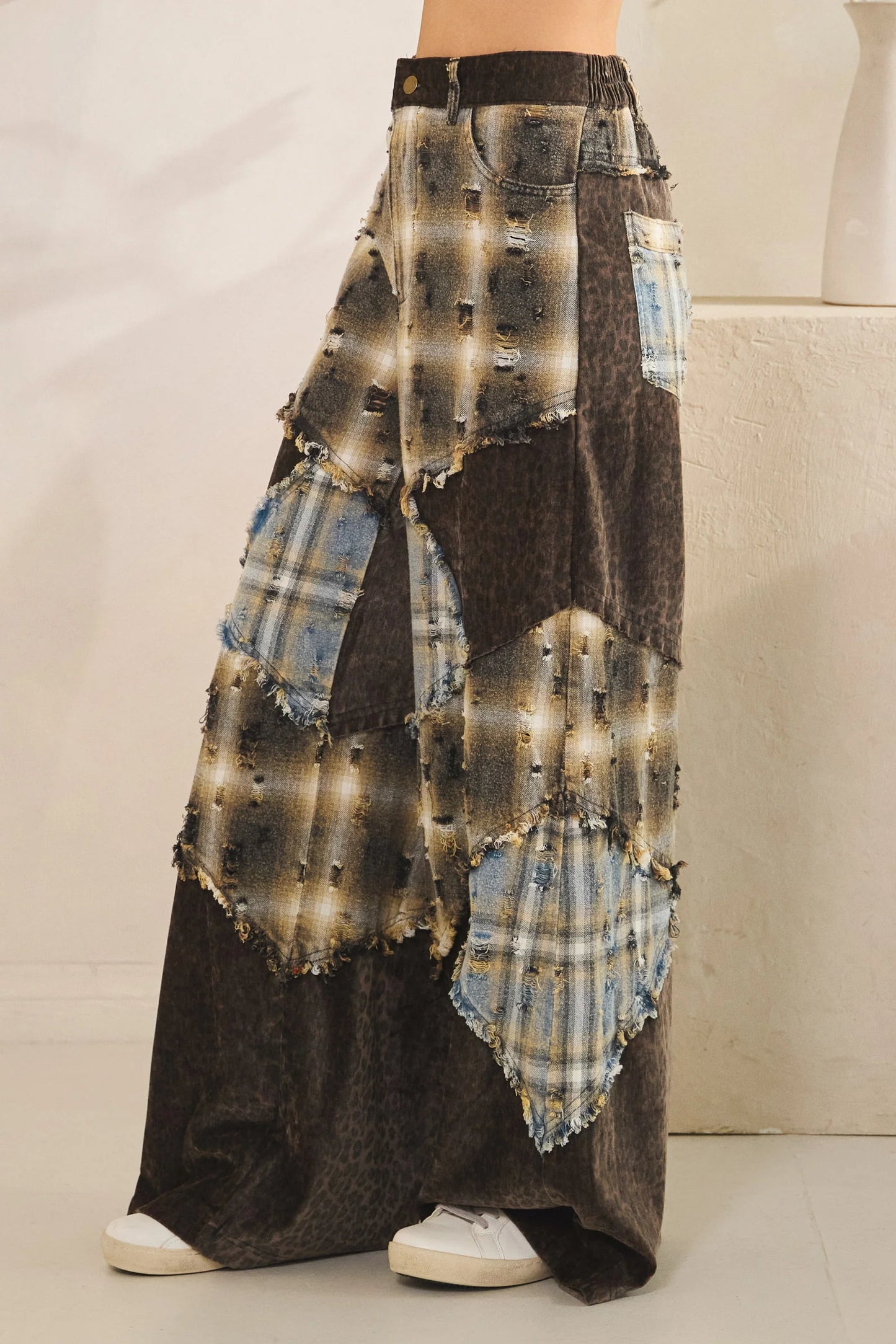 Washed Plaid Leopard Patchwork Pants with Elastic Waist & Mixed Media Detail