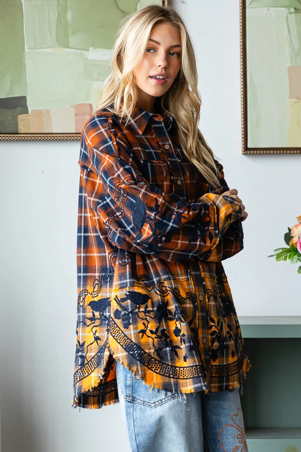 Mixed Flannel Ombre Shirt with Embroidered Floral Details | Raw Edge Button-Up for Women