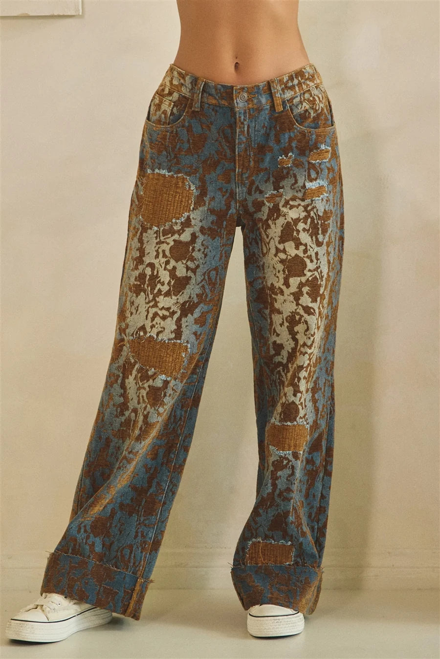 Burn Out Distressed Wide Leg Brown Denim Pants with Mineral Wash Detail & Elastic Waist