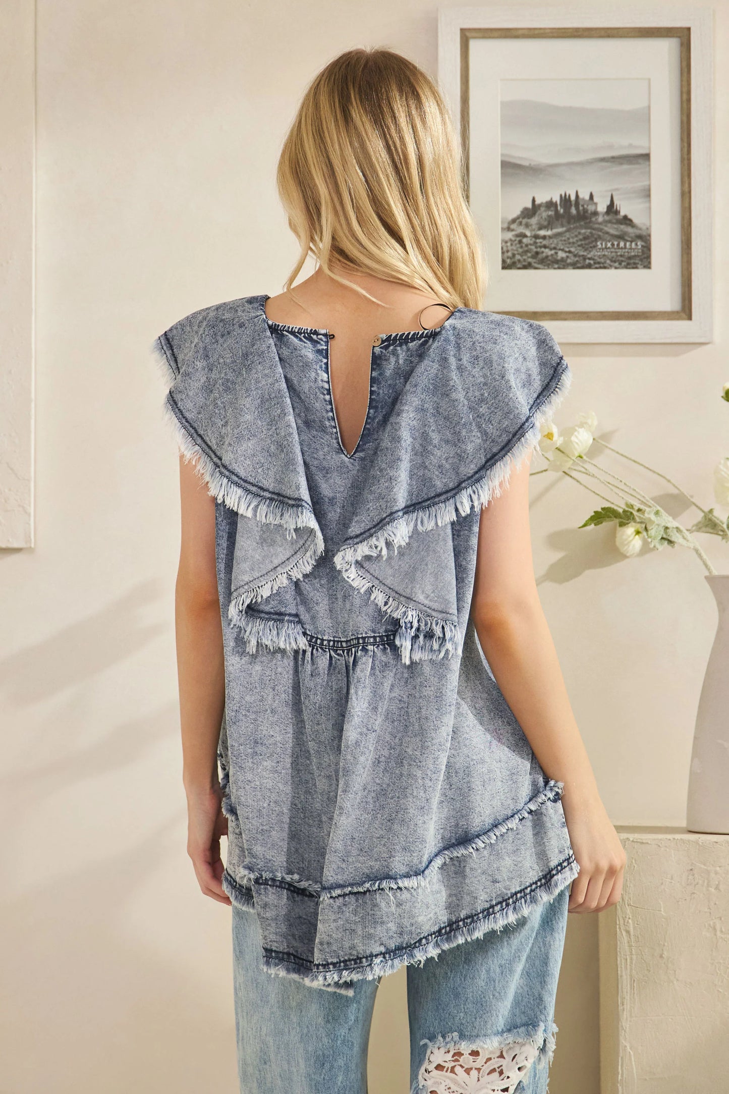 Mineral Washed Ruffle Collar Tencel Sleeveless Top – Relaxed Fit Lightweight Blouse