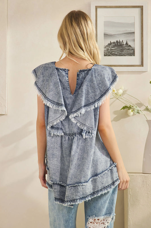 Mineral Washed Ruffle Collar Tencel Sleeveless Top – Relaxed Fit Lightweight Blouse