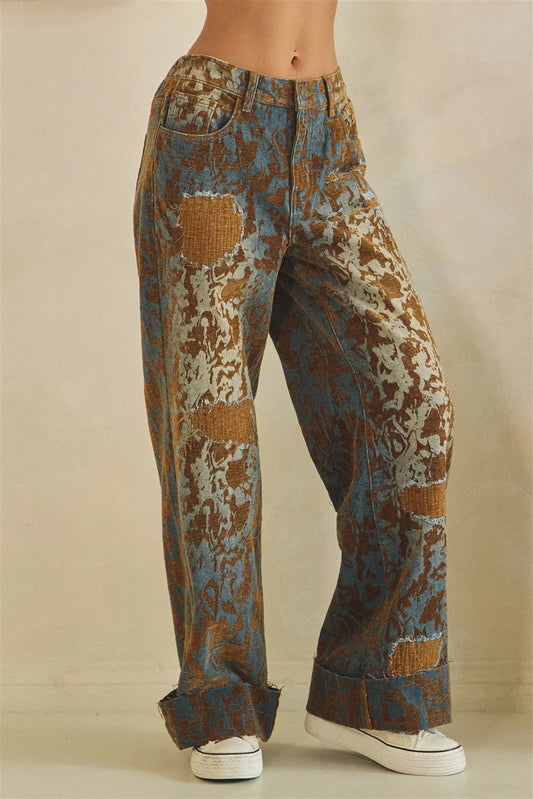 Burn Out Distressed Wide Leg Brown Denim Pants with Mineral Wash Detail & Elastic Waist